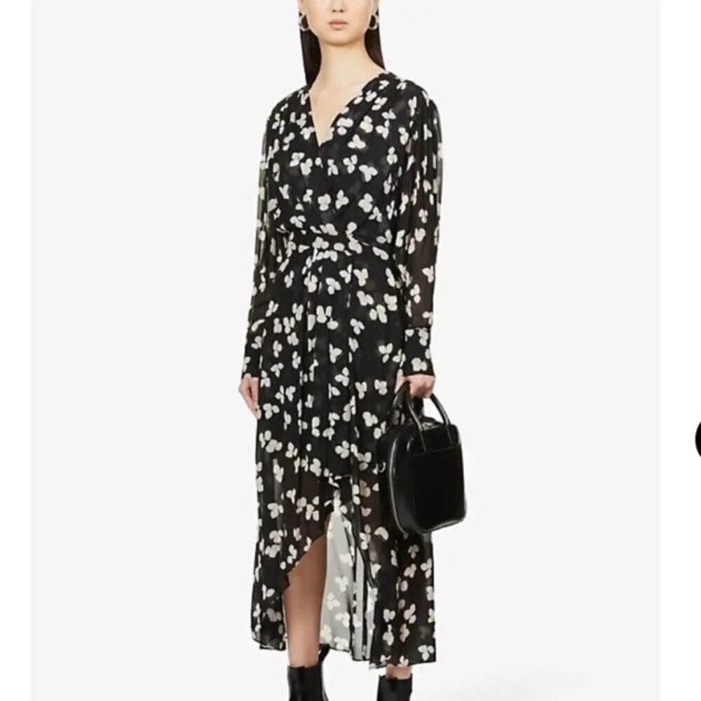The Kooples Size XS Naive Flowers Chiffon Midi Dress Black Floral NWT